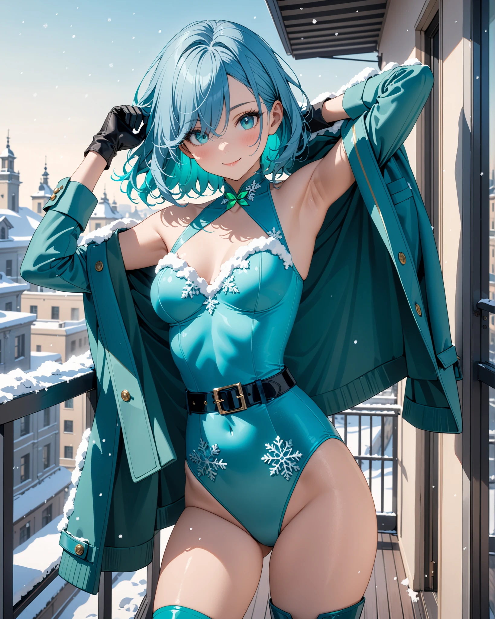 best quality, best quality, incredibly absurdres, highly detailed, delicate texture, 1girl, solo, solo focus, intelligent beauty, medium hair, (armpit-length hair, blue hair), aquamarine eyes, hair over one eye, (blue leotard with green accents), (tight belt), bare legs, matching gloves, matching boots, ankle boots, standing straight, playful, cute smile, closed mouth, outside office balcony, (body infused with frost, body infused with snow)