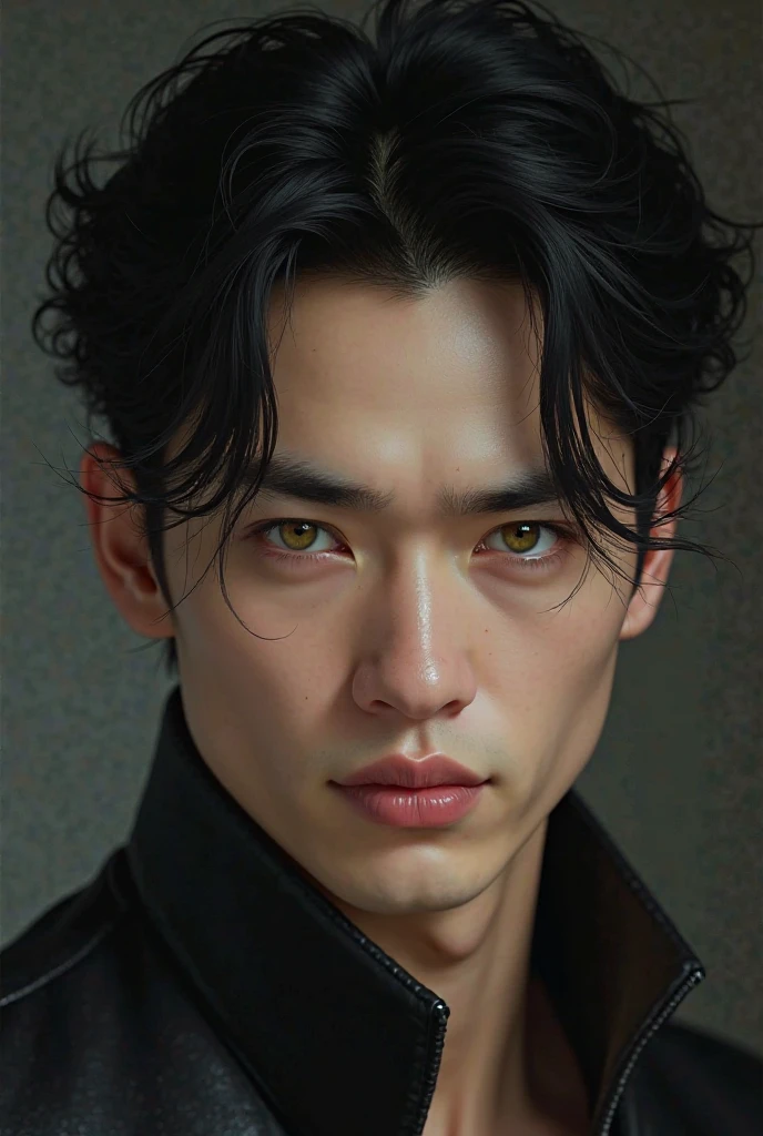 A man with black hair, diamond face shape, light face colour, hezal and hunter eyes