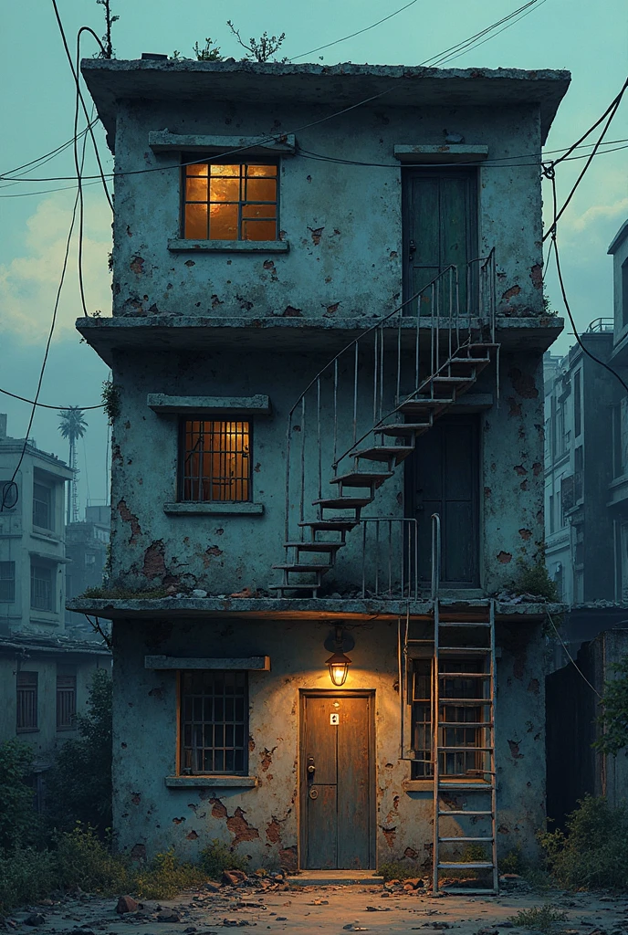 An old, rundown apartment building in an Indian city, evening time, dim lighting, broken walls, iron staircase, small door with number painted on it. Slightly creepy atmosphere. Cartoon 