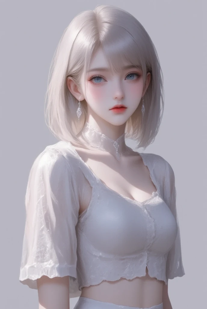 ((Close-up of a woman with tattoos on her chest)), girl, ((Short white hair with bangs, Black strands of hair)), Purple eyes, White T-shirt and white cape, Pendant around the neck. 超High resolution.Realistic. 超High resolution.Realistic:1.4,超High resolution. Realistic,High resolutionで, masterpiece, Highest quality, Very detailed, Better Shadows, Volumetric lighting), super high quality, High resolution, 8k, 超Realisticな肖像画 , Realistic, Dynamic Lighting, Volumetric lighting, Very detailed顔,(NSFW:0.8),Large Breasts