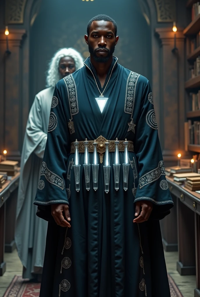 
A dark-skinned male scientist from a medieval fantasy world. He wears a long robe decorated with white mystical symbols. Several slim, glass-like crystal tubes hang from his belt, glowing faintly — each one holding a stored soul memory. Behind him stands a second, faint version of himself — slightly transparent, perfectly mimicking his posture and movement, like a delayed visual reflection made of light. His expression is focused and highly intelligent, his stance calm and dignified. He stands in a mystical study filled with books, symbols, and ancient tools.Character Chart, 