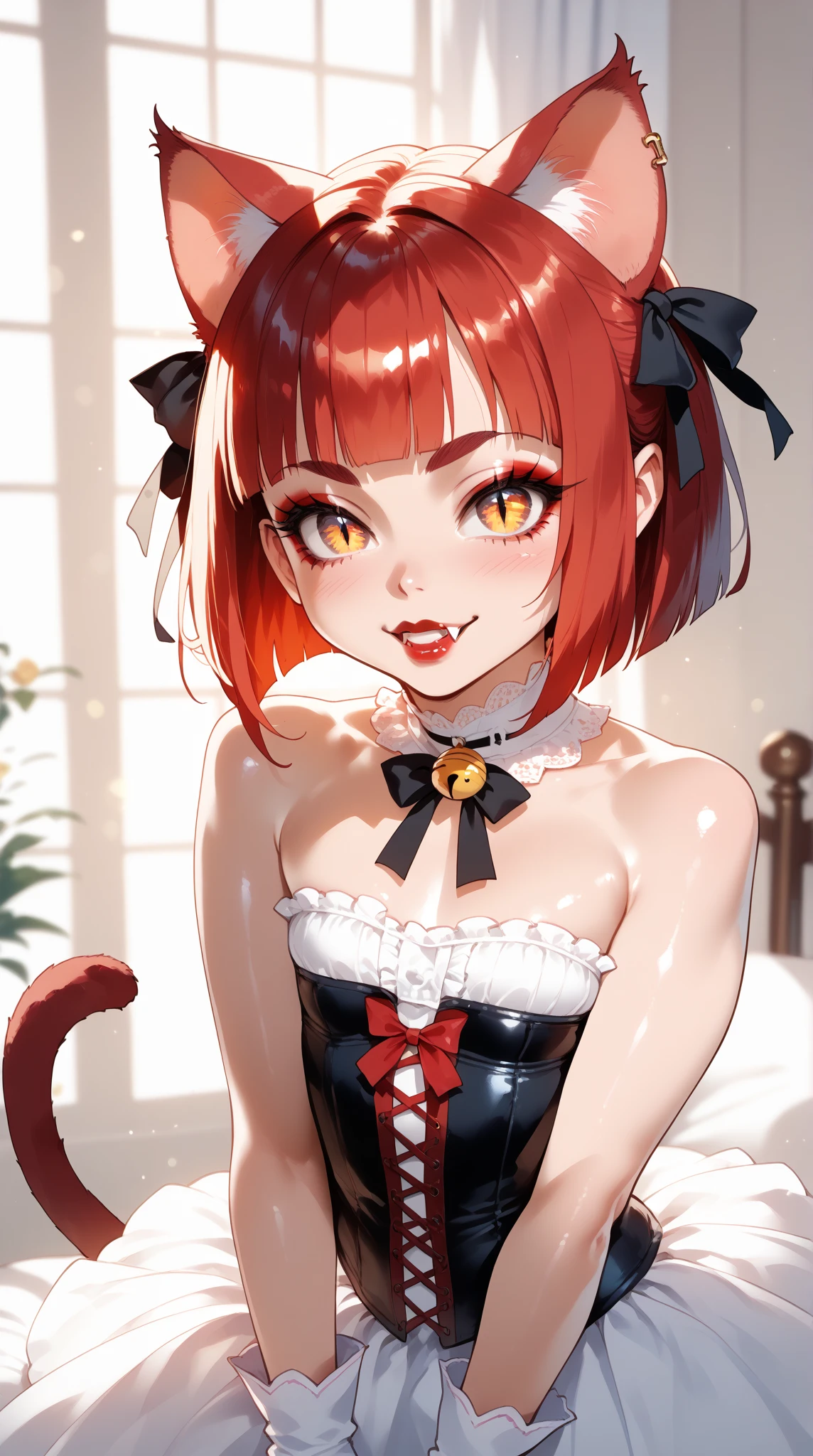 (Fraction_9,Fraction_8_Direction_7_up),1 Girl,Devil Girl,Red hair,Red Eyes,wing,paw,Black skirt,beautiful_Face,
