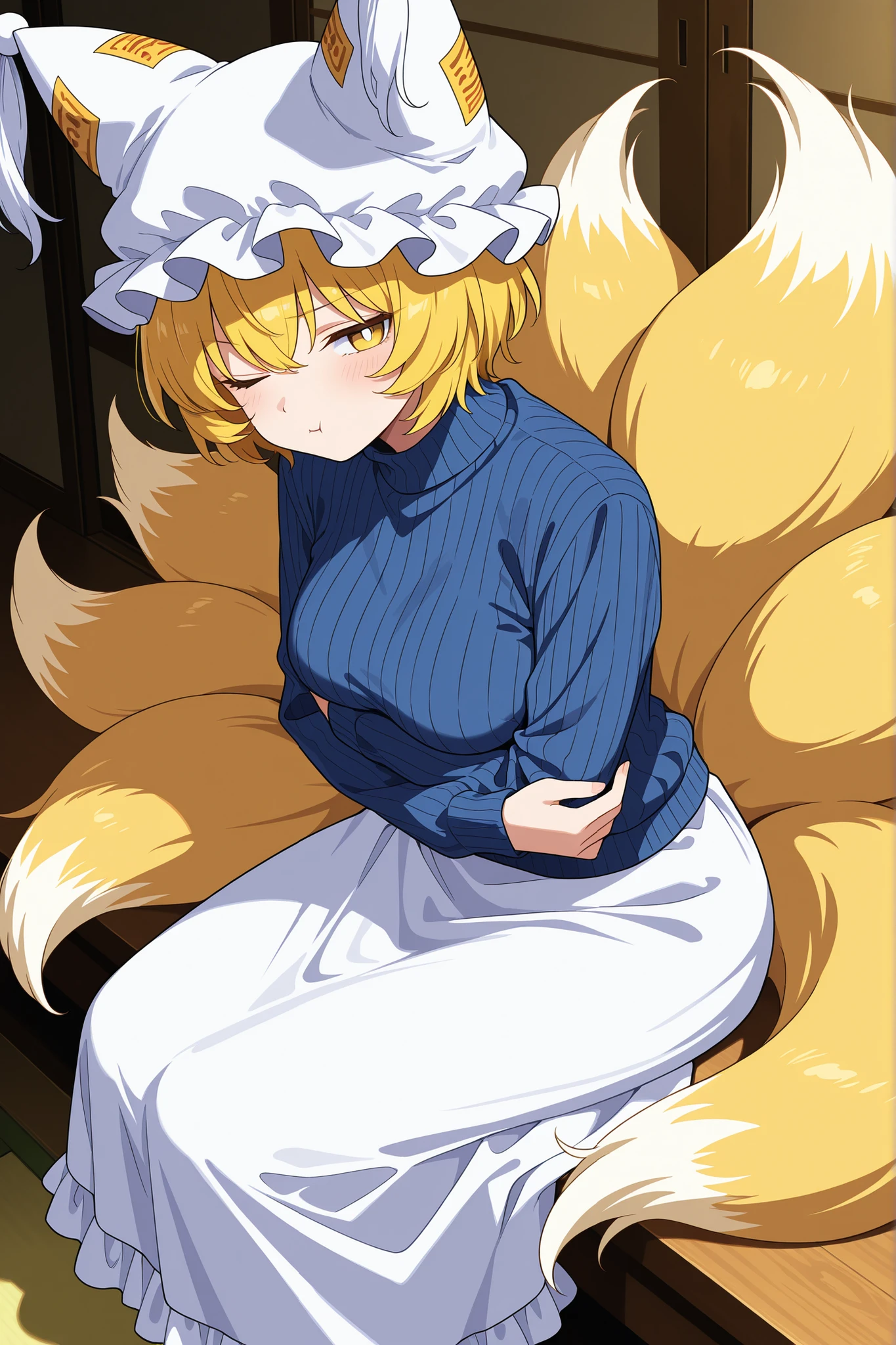 masterpiece, best quality, amazing quality, very aesthetic, colorful, safe, from side, from above, 1girl, kitsune, yakumo ran, \(Touhou\), sitting, one eye closed, :t, blush, arms under breasts, yellow hair, yellow eyes, white pupils, medium breasts, alternate costume, mob cap, ribbed sweater, blue sweater, long skirt, (frilled skirt), white skirt, indoors, (anime screencap:1.1)