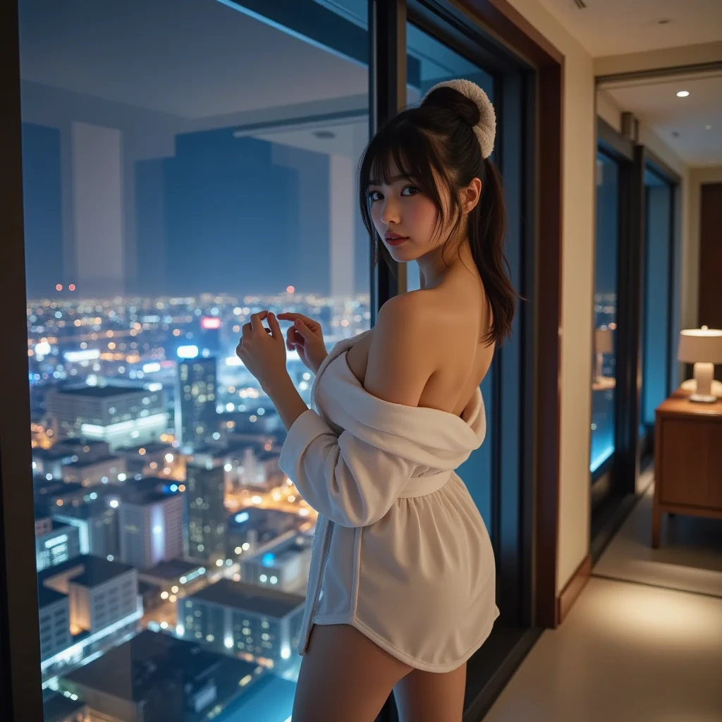 Very detailed、masterpiece、Highest quality、Ultra-high resolution energy A、8K high resolution、Photogenic transparency、Detailed eはい、Gradation、Perfect anatomical figure , Nikon Z9 80mm Lens, short hairの美しい女の子, Hair and light eyes, Vibrant, Colorful lights and bokeh. The lighting casts a warm glow on her face and hair......, Blue glow, Water surface reflection, Creates a dreamy and magical atmosphere、(Hotel Rooms、Blurred night view of a big city from a window:1.8)、(Lace T-return panties、Half-naked girlfriend, black underwear is exposed.:1.6)、(Big Breasts、Beautiful feet、Accentuate your thighs:1.8)、(Brown Hair、short hair、Hair Bun、bangsが揃っている、Trendy Japanese Makeup:1.4), Scapula, Glowing Lips,Genuine, bangs, (Golden ratio face、plump lower lip、Pink blush on cheeks、Pink Lips:1.5)、Admire the night view、 Performance、return、