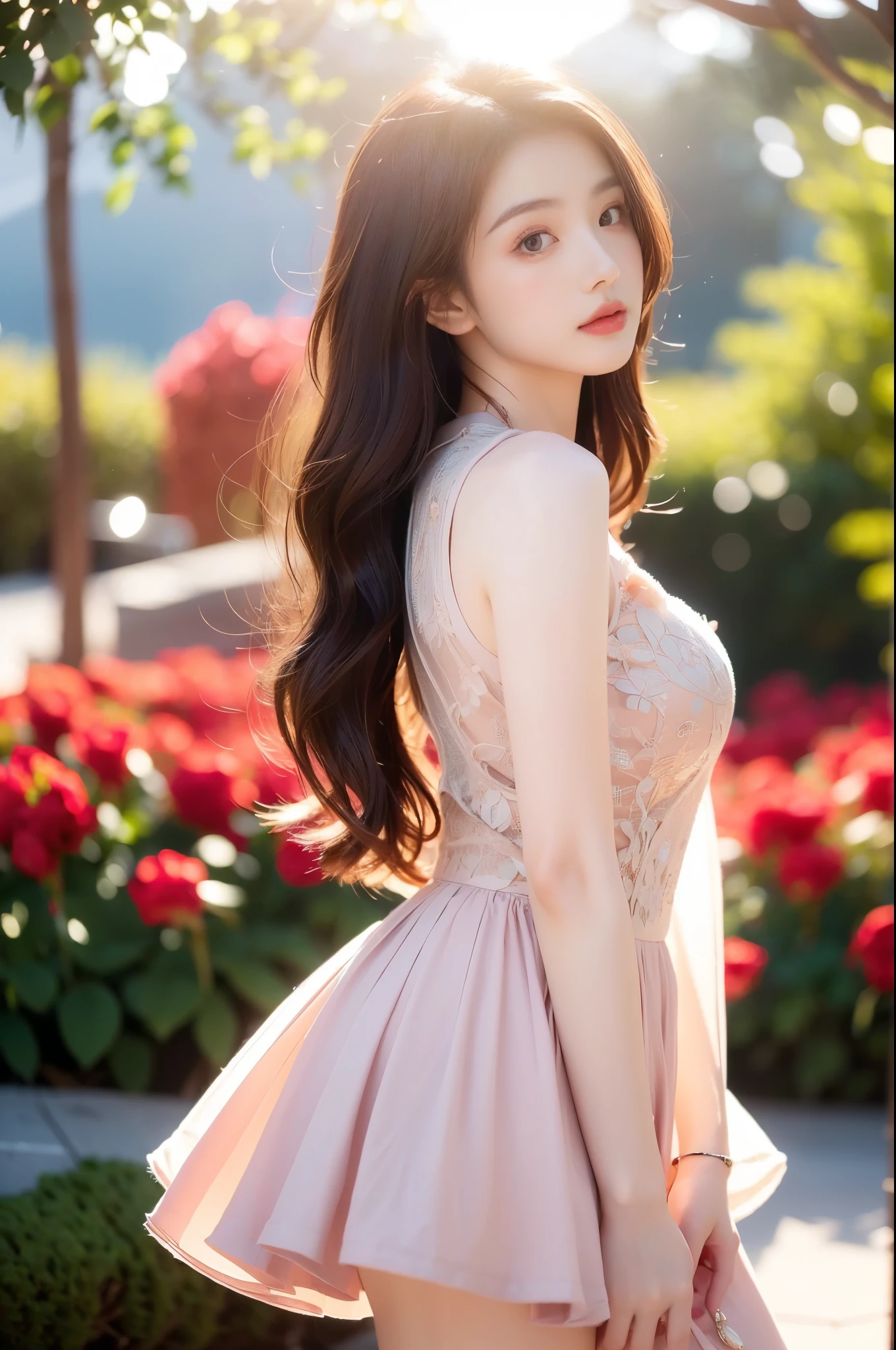 8K Super Resolution、Beauty、One Lady、Dark Brown Hair:1.1、Ultra-detailed face、Detailed lips、important、(Eyes meet)、double eyelid、Princess Eyes、 Beautiful Japanese Woman、Beautiful Japanese Woman、 Sensual lips、Bewitching body、Bust size 82、8 Life-size、Standing in a provocative pose facing forward with a well-balanced, natural body、Girlfriend in her 20s、(28 years old)、far and near method、Smile with a beautiful smile、 Wearing a one-piece dress、Hair blowing in the wind、Clear images、The sparkle of tiny eyes、Fine autumn leaves dyed red、color々Hair style、