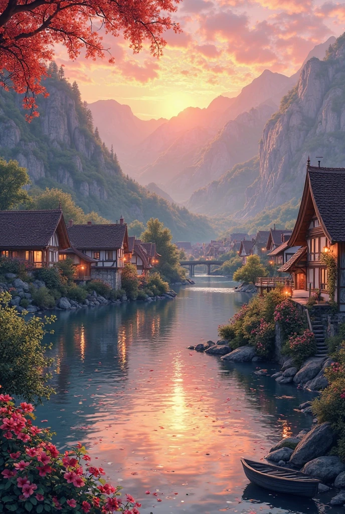 A small village by the river，Mountains in the background，Flowers in bloom，brightly colored， Detailed Scenery ， Beautiful natural landscape ，Mood lighting，Scorching sunset，Warm colors，practical，practical摄影， Detailed Leaves，Complex buildings， cobblestone streets ， Charming country house ，riverside villa，dense vegetation，Still water reflections，Picturesque，Leisure and tranquility，artworks，best quality，8k， Extremely Detailed，anime style