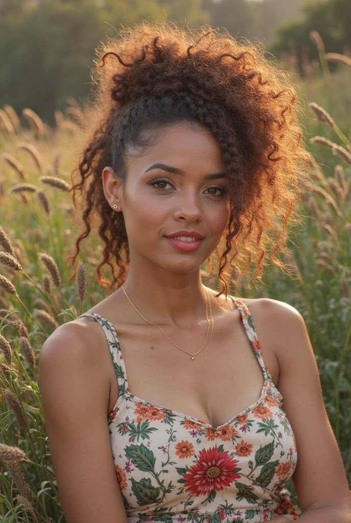 woman with tan skin and shoulder length curly brown hair parted in the center and resting on her shoulders, green eyes, neutral face, wearing a simple boring long red dress, in a grassy outdoor area, (centered), (facing front)