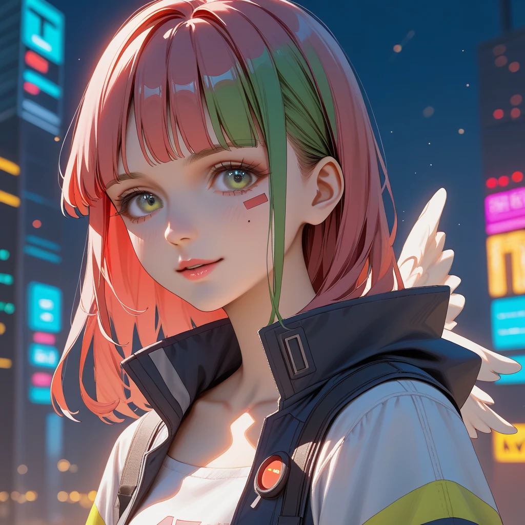 A masterpiece of manga stylization(1)...「Lonely portrait of a winged angel girl」。Surrounded by vibrant colors、The cityscape is the background。Angel Girl is dressed in cyberpunk streetwear with neon accents.、Red and green eyes sparkling、Cute pink lips are highlighted。she、Under the daytime sky where the red-stained metropolis stands tall、With a shy and seductive smile、Staring straight at the viewer。This illustration





 is、Breathtakingly realistic artwork、Masterfully crafted in an anime artist studio。xgjxrtykjgfuhgryy