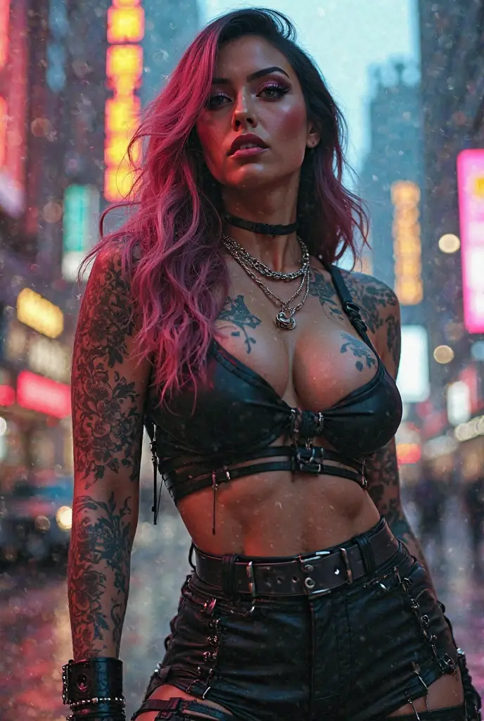 E-girl,Shocking pink hair, All naked,black jacket, neon midnight city background,Sexual tribal tattoo on top of pussy