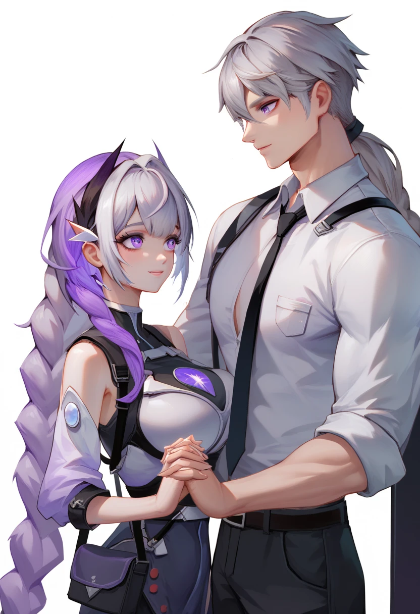 yinji,1 girl and one boy back to back poses,purple_hair,purple_Eye,Very_long_hair,grey_hair,Braided_Ponytail,big breast, Red hair boy,Wearing a white shirt,Very handsome red hair boy,With purple hair, , slope_hair, , The background is dreamy
