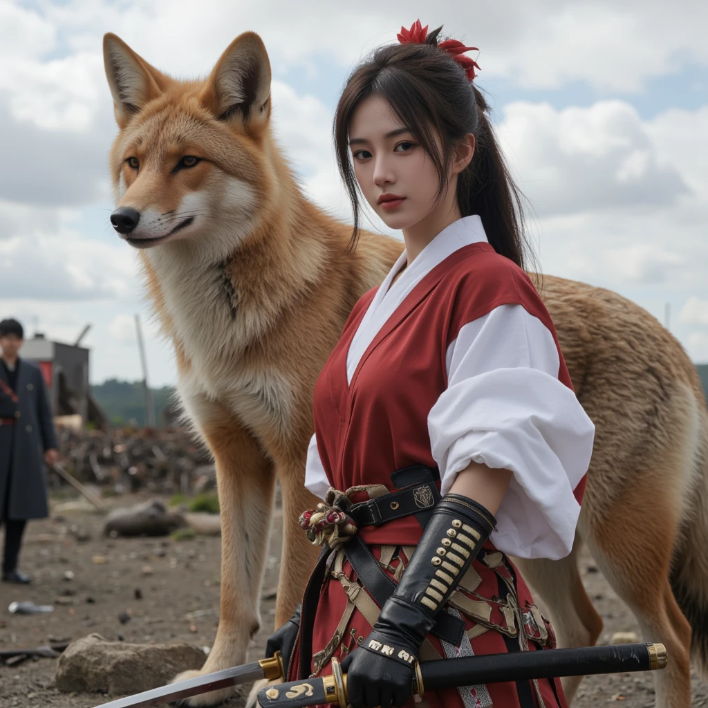 The heroine in Japanese flag armor,  is standing with a giant fox, Female warrior holding a samurai sword, 's sleeves rolled up is a battlefield. .  