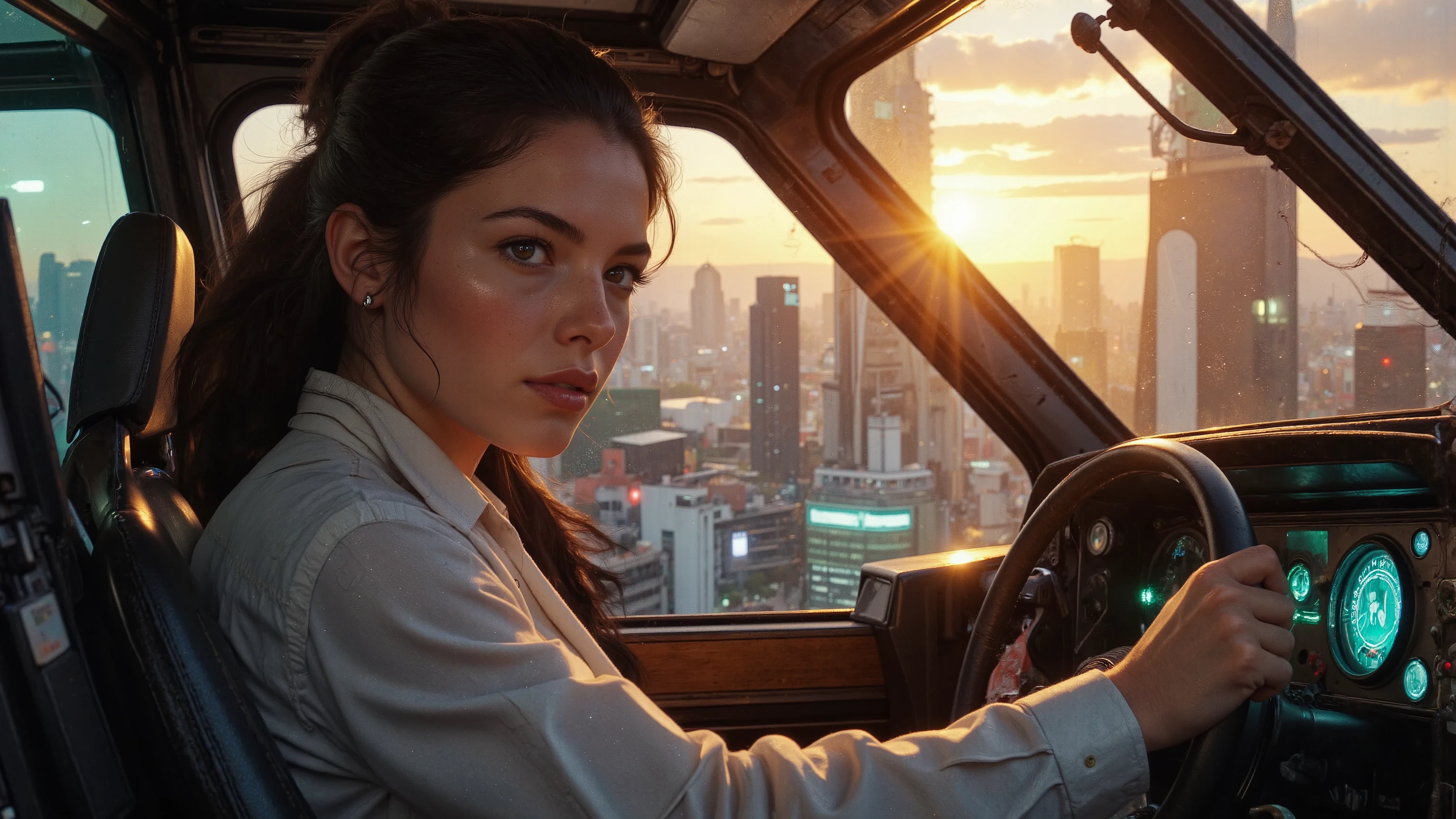 Close-up shot of a super-powered girl's intense gaze, eyes aglow with energy, as she expertly pilots her sleek light ship amidst the golden hour sky. The warm sunlight casts a radiant glow on her determined face, illuminated by the cockpit window showcasing the cityscape and distant horizon. Her hands grip the controls with precision, framed by the vibrant neon lights and sharp shadows. Ultra-detailed skin texture, complete with pores, meets the vast panorama of the city below, set against the breathtaking backdrop of a ray-traced sky. This cinematic masterpiece is a testament to the art of photorealism, capturing every detail in stunning UHD, HDR, 16K resolution, worthy of an award-winning film.
