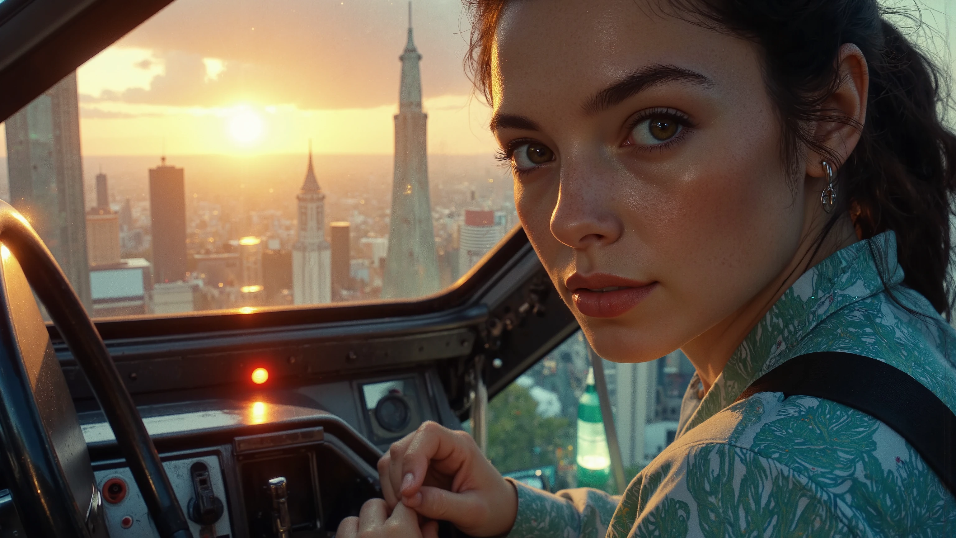 Close-up shot of a super-powered girl's intense gaze, eyes aglow with energy, as she expertly pilots her sleek light ship amidst the golden hour sky. The warm sunlight casts a radiant glow on her determined face, illuminated by the cockpit window showcasing the cityscape and distant horizon. Her hands grip the controls with precision, framed by the vibrant neon lights and sharp shadows. Ultra-detailed skin texture, complete with pores, meets the vast panorama of the city below, set against the breathtaking backdrop of a ray-traced sky. This cinematic masterpiece is a testament to the art of photorealism, capturing every detail in stunning UHD, HDR, 16K resolution, worthy of an award-winning film.
