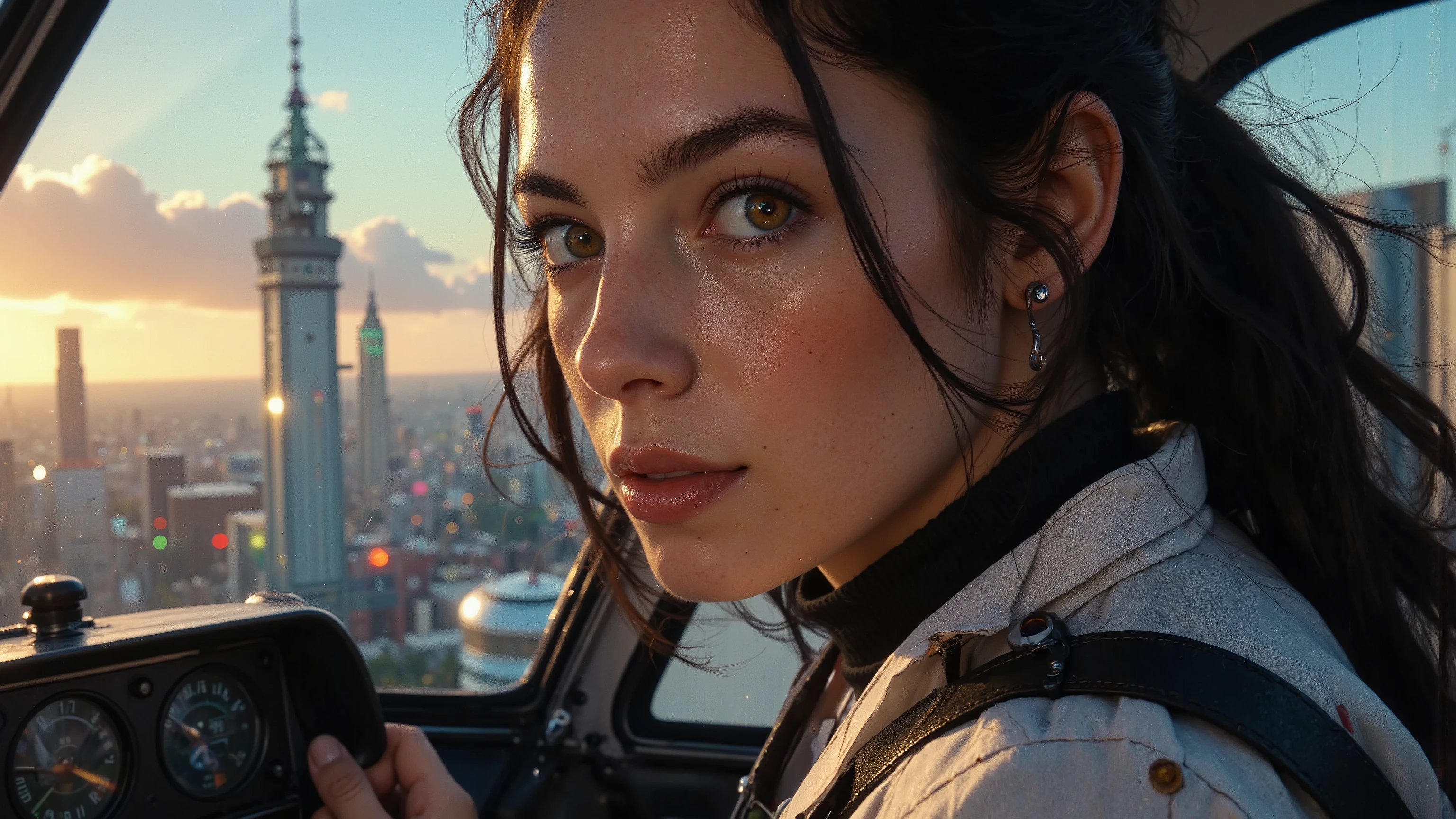 Close-up shot of a super-powered girl's intense gaze, eyes aglow with energy, as she expertly pilots her sleek light ship amidst the golden hour sky. The warm sunlight casts a radiant glow on her determined face, illuminated by the cockpit window showcasing the cityscape and distant horizon. Her hands grip the controls with precision, framed by the vibrant neon lights and sharp shadows. Ultra-detailed skin texture, complete with pores, meets the vast panorama of the city below, set against the breathtaking backdrop of a ray-traced sky. This cinematic masterpiece is a testament to the art of photorealism, capturing every detail in stunning UHD, HDR, 16K resolution, worthy of an award-winning film.