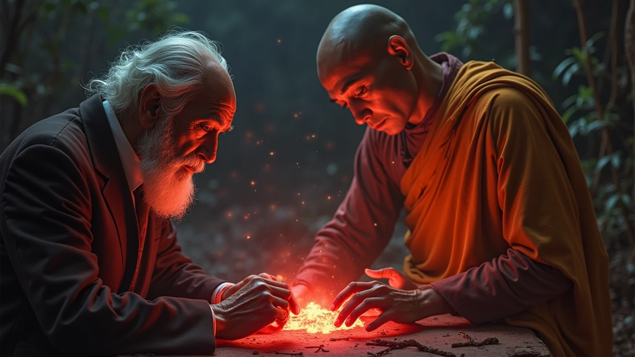 A symbolic injury glows red — Freud examines it under light, the monk chants until it cools.