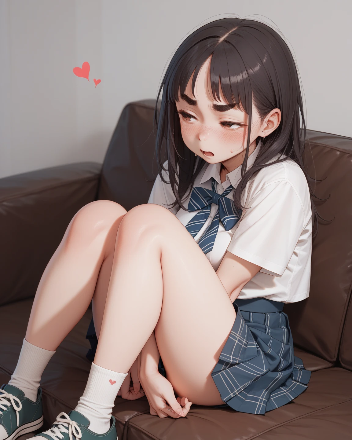 Realistic, Lip gloss, Realistic, Highest quality, Ultra-high resolution, depth, pastel colour, Natural Shadows, Focus on the face, Just a face, Looking at the audience, Long Hair, Brunette Hair, Brown, narrow eyes, (masterpiece, Highest quality), 1 Girl, alone, from the front,
(shut up), smile, Part your lips,
Shiny skin, Thick thighs, White panties,
, Serap, Pleated skirt, loafers, Black socks, squat, indoor, Looking at the audience, Anatomically correct  