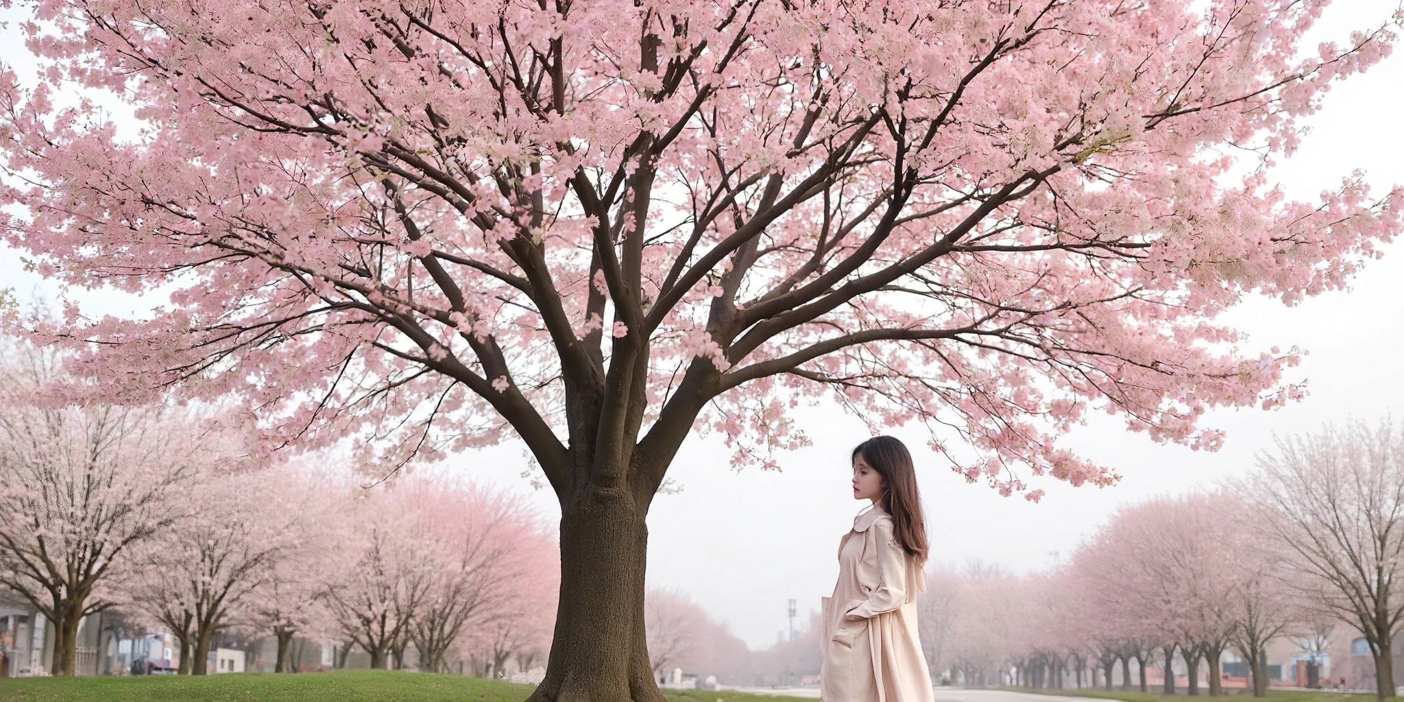 1girl, Photographic, has lost interest in cherry blossoms、in a month。
On the premises I wonder if the cherry trees。
Under or near such a cherry tree、A beautiful girl from behind is standing alone。it's a lyrical spring landscape。
but、my heart doesn't move。Scenery that looks hazy without heart。