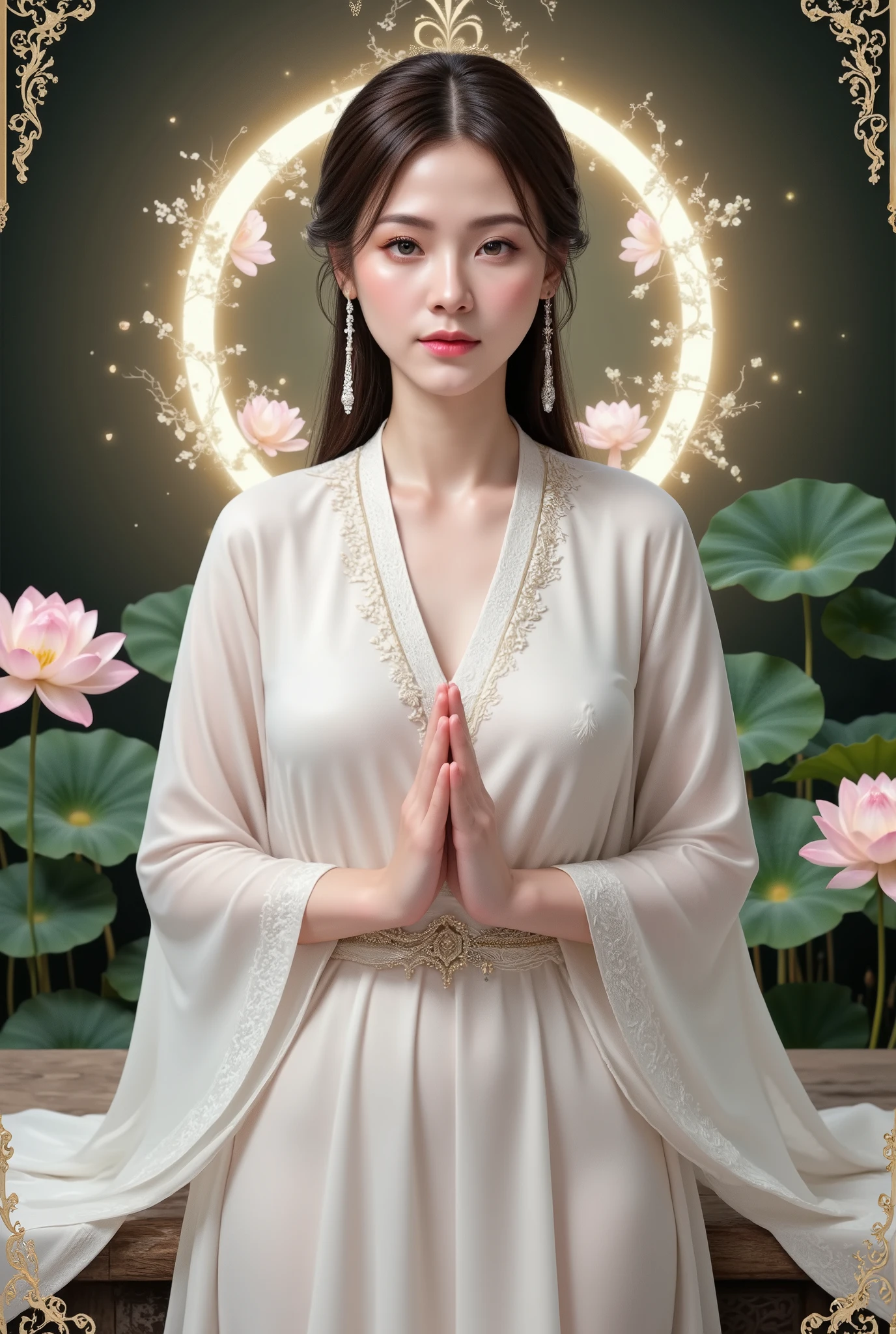 A beautiful woman in Chinese treditional outfit gently with right hand in blessing mudra, soft smile, white silk robe flowing with the wind, lotus pond background, glowing aura of compassion, traditional art with floral patterns and golden trim