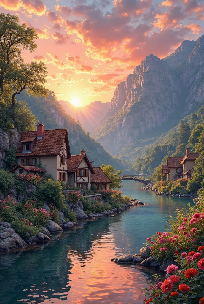 a small village by the river, mountains in the background, floral flowers colorful, detailed landscape, Beautiful natural landscapes, atmospheric lighting, scorching sunset, warm colours, practical, photopractical, Detailed Foliage, complex buildings, cobblestone street, Charming country house, swirly vibrant colors, lush vegetation, Still water reflections, Picturesque, idyllic, work of art, best qualityer, 8k, extremely detaild,anime styling