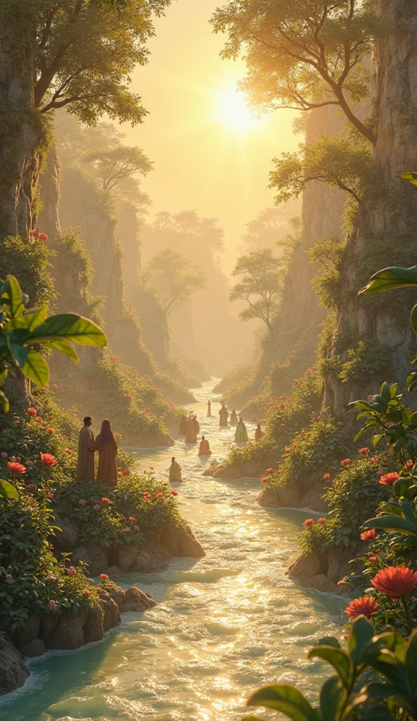 A breathtaking panoramic illustration of paradise with glistening rivers of milk flowing through lush gardens, where distant Muslim figures joyfully partake in the divine abundance. Bathed in warm golden light that enhances the ethereal beauty, rendered in hyper-realistic style with soft celestial glow highlighting the idyllic landscape and serene atmosphere of eternal bliss
