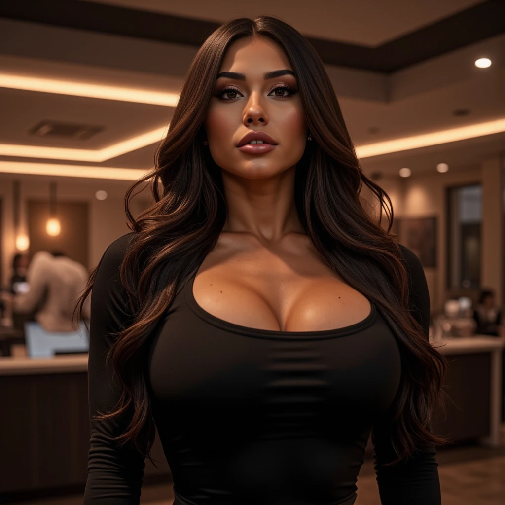 Photograph of a 26-year-old woman, on Stage, performing, singer artist, dancer pose, asia mix, perfektes Gesicht, Meisterwerk, realistisches Aussehen, sportliche figur, 170cm tall, slightly tanned skin, realistische haut, charming smile, braune haare, southern type woman, augen auf die kamera gerichtet, nachmittag, sommer, 50mm focus length, dunkle braune augen, big eyes, Beautiful eyelashes, natural makeup, anatomically correct, super detail, high details, high quality, award winning, highres, accurate, retina, seductive smile