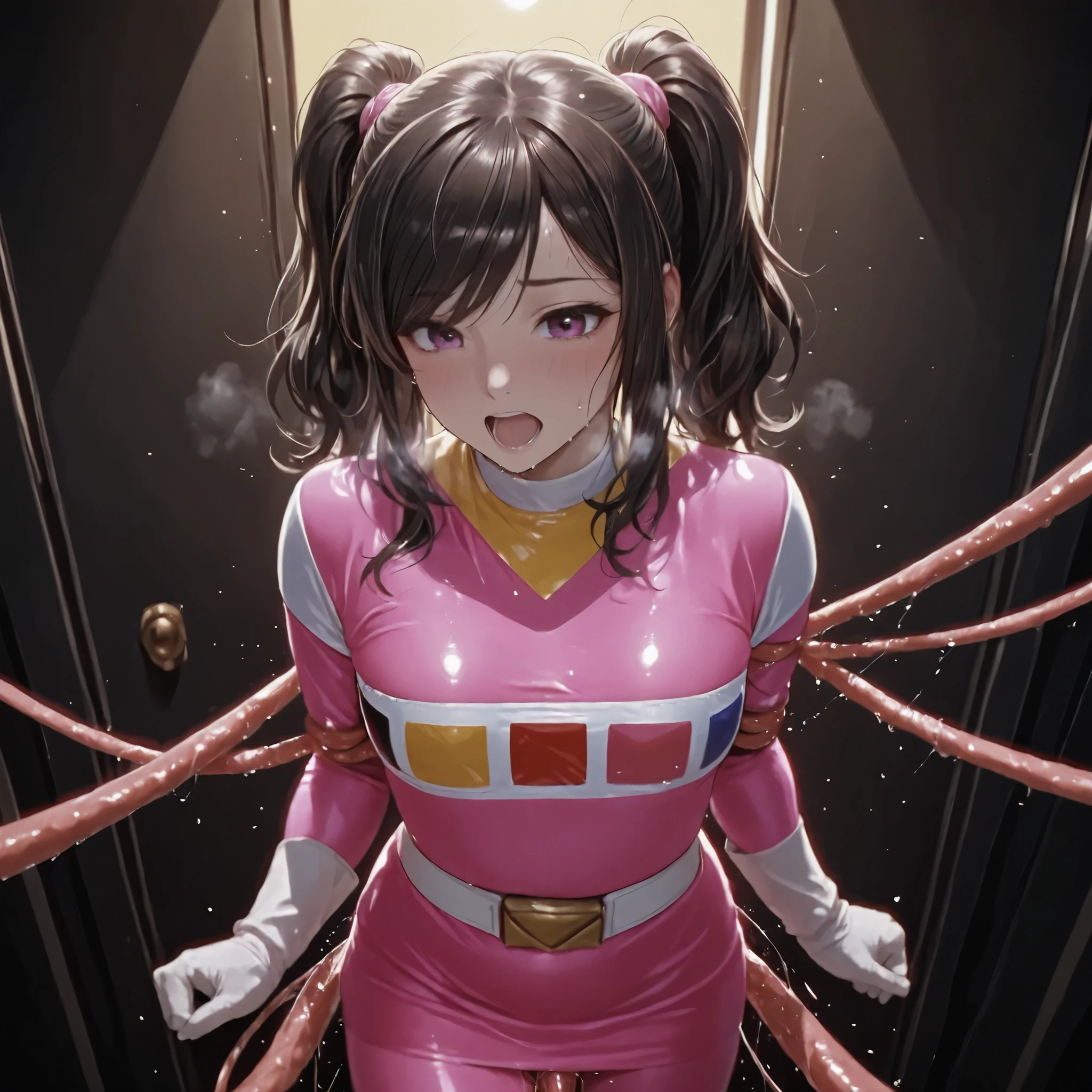 Score_9, Score_8_up, Score_7_up, Score_6_up, Score_5_up, Score_4_up, Source_anime, anime_coloring, Tag1, Tag2, Best quality, High quality, (masterpiece, detailed:1.2), High resolution, 8k, Ultra high res, Soft saturation, Professional quality, Perfect contrast, Perfect litthing, Anatomically correct, Perfect face, Face perfect, Perfect hair, Perfect eyes, Perfect body, Perfect chest, Perfect arms, Flawless skin, Clear face, mature woman, solo, twin ponytail, swept bangs, medium hair, Sensual, sexy, adorable, attractive, lovely, sweat, heavy breathing, moaning, toragao BREAK standing weak, tentacle bondage, getting penetrated by tentacle monster, squirting, power ranger, pink bodysuit, pink pencil skirt, white belt, white gloves, white boots,