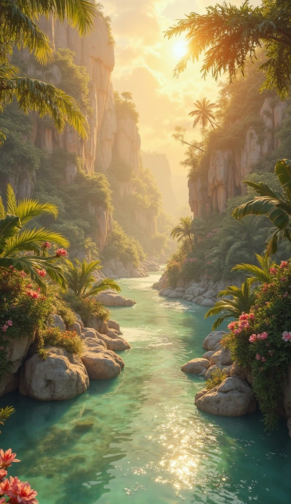 A close-up breathtaking panoramic illustration of paradise with glistening rivers of milk flowing through lush gardens, where distant Muslim figures joyfully partake in the divine abundance. Bathed in warm golden light that enhances the ethereal beauty, rendered in hyper-realistic style with soft celestial glow highlighting the idyllic landscape and serene atmosphere of eternal bliss