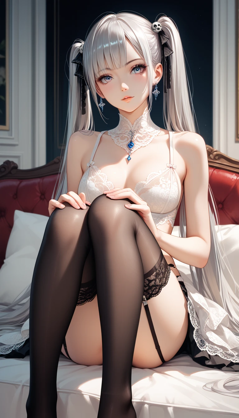 Detailed details,bodystocking,Kizi ,Nun attire,Clothes open,The bra is exposed,Panties exposed,Leg to knee,with thin legs,on top of the bed,Get wet,white legwear,Blushing,the night,rosette,rays of moonlight,There are petals around,8K,Lewd expression,exposed , Can be seen,Exposed genitals