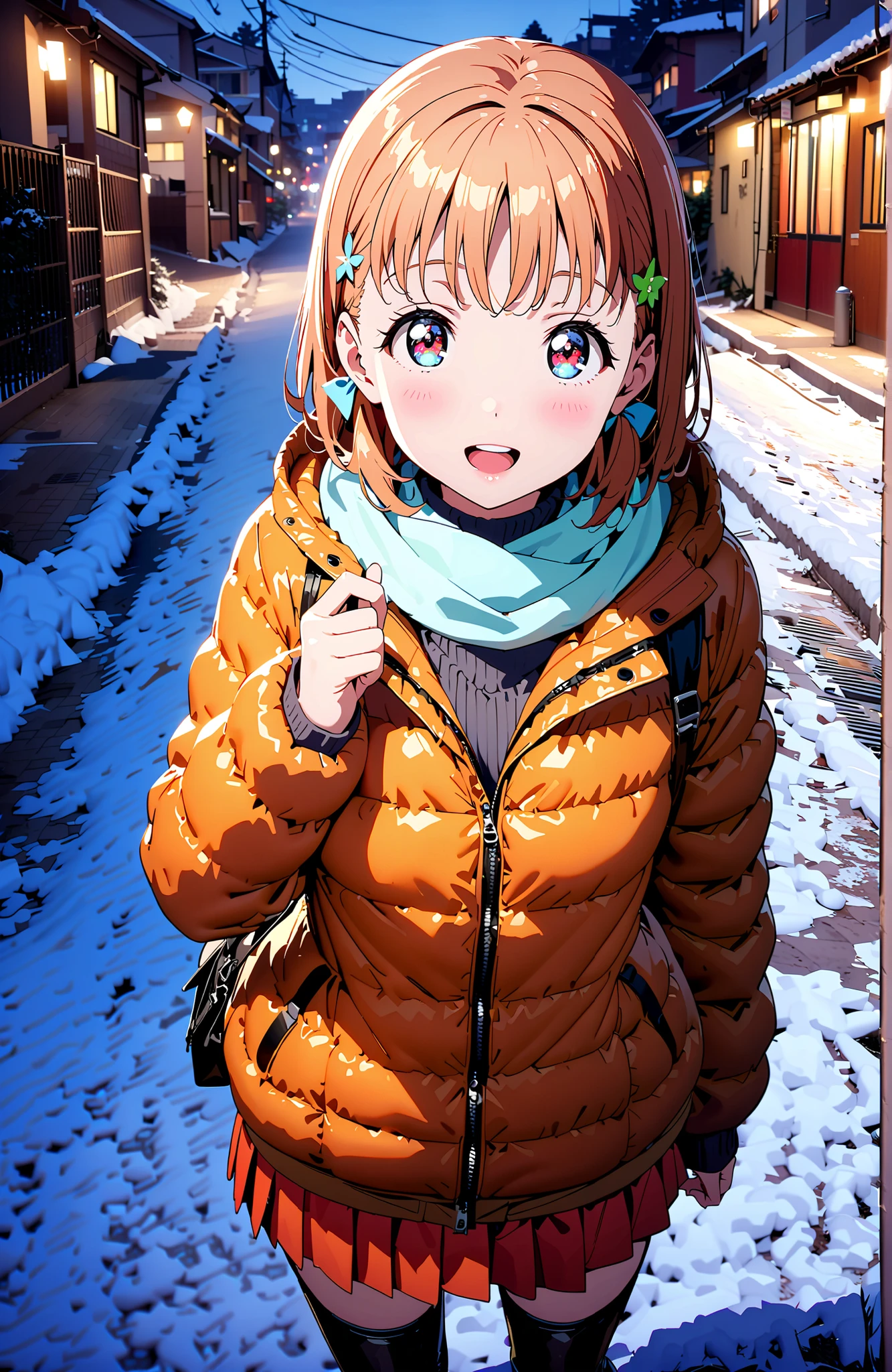 Takami Chika, short hair, Hair Ornament, Red Eyes, stupid hair, smile,blush,open your mouth,half up do,glasses,down jacket with hood,Light blue scarf,turtleneck sweater,orange skirt,boots,snow,winter, Beautiful Streetscapes,evening,is standing,full bodyがイラストに入るように,break outdoors, residential area,
break looking at viewer,full body,
break (masterpiece:1.2),top quality ,Kampala,unity 8k 壁紙,(shape:0.8),( fine, beautiful eyes :1.6),It's a person ,full body写真,CG Details , (perfect hand,Complete Anatomy),