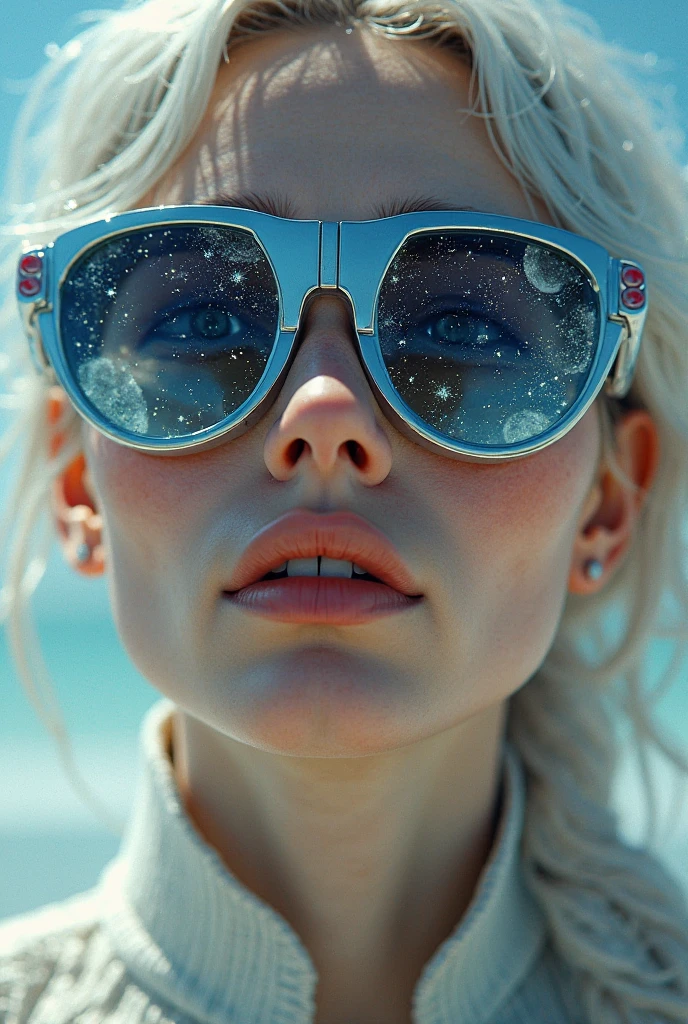 The model is wearing glass sunglasses with stars and the moon on the glass