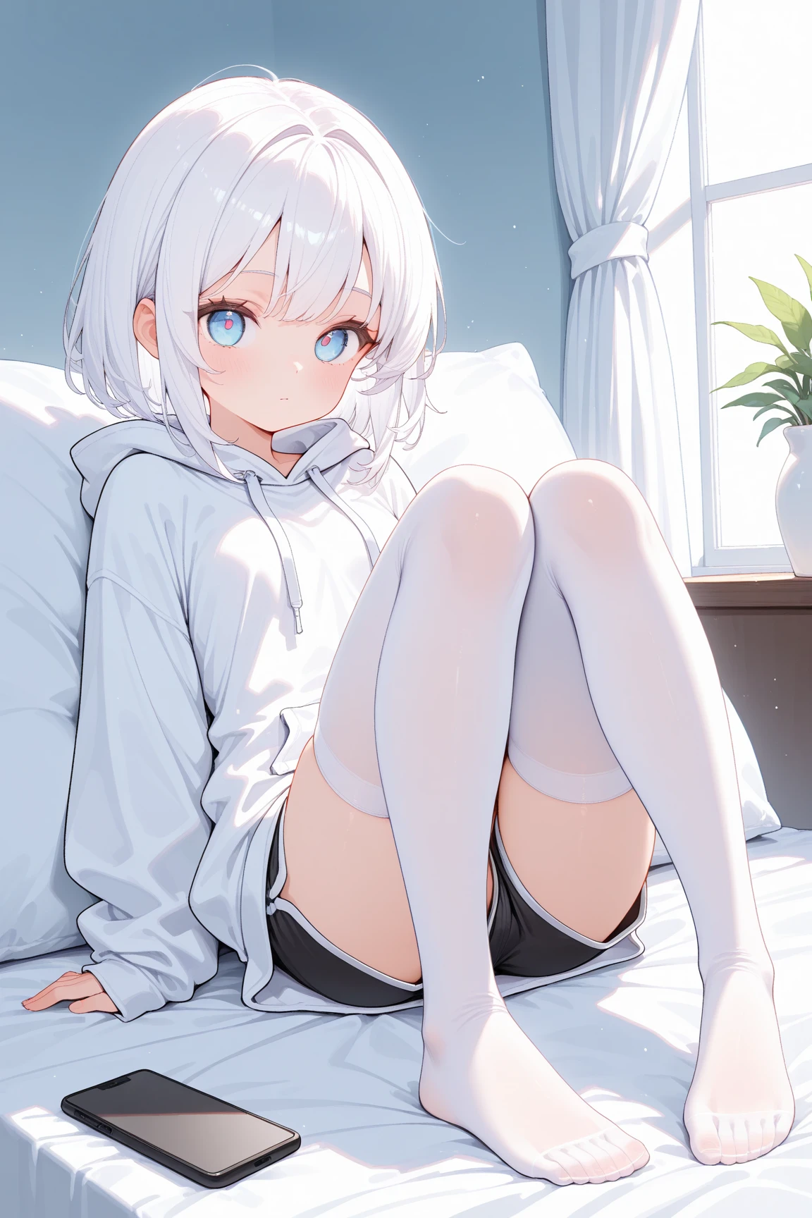 Girl, white hair, bright blue eyes, smile, see through shirt, laying down on a bed, deep blue panties, floating hearts