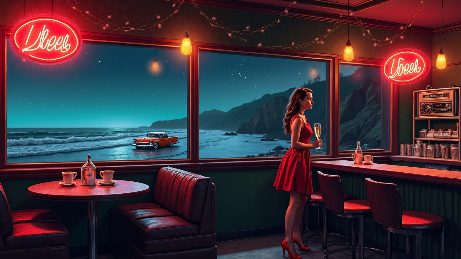 Illustration of a 1950s style restaurant, dimly lit, with lipstick-stained coffee cups on the bar and wisps of cigarette smoke curling in the air . outside , a classic car drives along a coastal road ; the radio shines dimly in the interior darkness , as the waves crash against the steep cliffs . Neon signs buzz and flash in the background , casting a melancholic and dreamy light on the scene . A glamorous woman with Red dress and high heels is standing by the window , its reflection merges with the view of the ocean , holding a glass of champagne with a melancholic expression . The California night sky shines with distant stars , whose Light contrasts with the fading glamor of the moment.