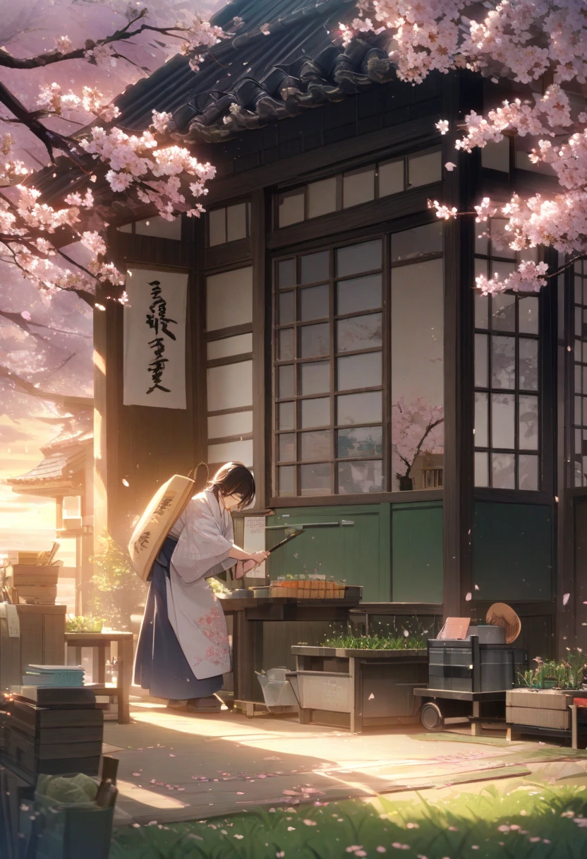 Length: 4 minutes
Theme: Tranquil anime scenery with Japanese cherry blossoms in full bloom, featuring people working in harmony with nature (e.g., gardening, writing, painting, street cleaning, vending, etc.)

🖼️ Scene Breakdown:
Scene 1 (0:00–0:30)
Wide pan over a quiet rural village lined with cherry blossom trees in bloom. Petals float gently in the air.

Scene 2 (0:30–1:00)
A woman in a kimono sweeps petals in front of a small tea shop. Customers sip tea in the background.

Scene 3 (1:00–1:30)
A rice farmer tends to seedlings in the background of a sakura-covered hillside. Birdsong fills the air.

Scene 4 (1:30–2:00)
ren walk to school under the blossoms, giggling and holding lunchboxes.

Scene 5 (2:00–2:30)
A calligrapher paints quietly in a tatami room with blossom branches casting shadows through shoji windows.

Scene 6 (2:30–3:00)
A street vendor flips taiyaki under hanging lanterns as petals drift into the night.

Scene 7 (3:00–4:00)
Slow zoom out showing all scenes coexisting in harmony—ending with the full landscape bathed in golden sunset light.

