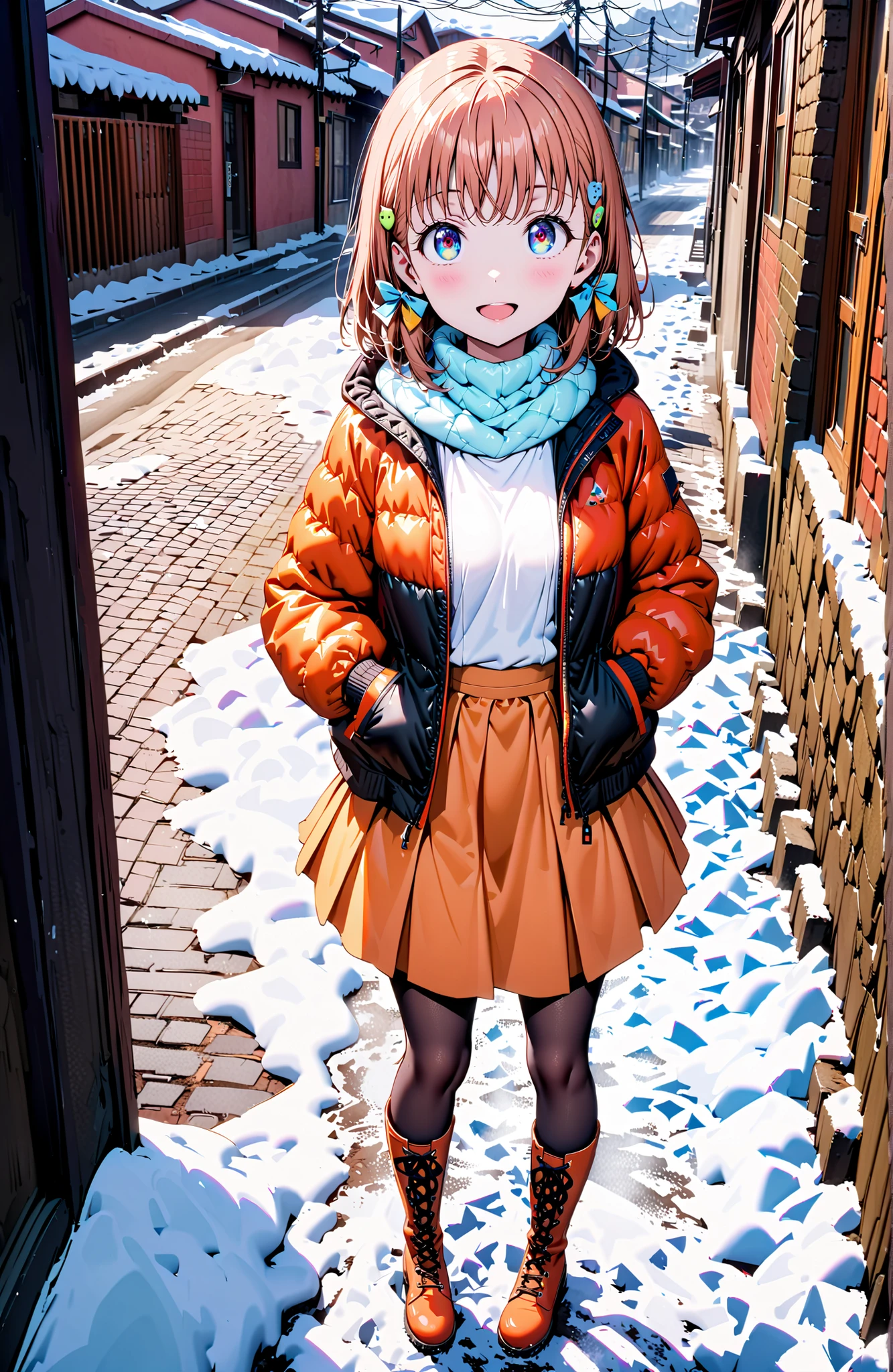 Takami Chika, short hair, Hair Ornament, Red Eyes, stupid hair, smile,blush,open your mouth,half up do,glasses,down jacket with hood,Light blue scarf,turtleneck sweater,orange skirt,boots,snow,winter, Beautiful Streetscapes,evening,is standing,full bodyがイラストに入るように,break outdoors, residential area,
break looking at viewer,full body,
break (masterpiece:1.2),top quality ,Kampala,unity 8k 壁紙,(shape:0.8),( fine, beautiful eyes :1.6),It's a person ,full body写真,CG Details , (perfect hand,Complete Anatomy),