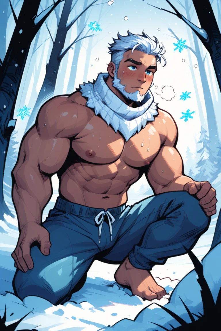 1 stocky shirtless Russian gay is standing with his legs and thighs opened and spread in the snow with wide landscape of snowfield , 1 man only, no other people, iceblocks and icelake and snow scene, he is wearing white fur gloves, fur woolen hat to cover snow , moustache, facial hair, white transparent thong bikini highlighting big bulge and big butts, Wear knee-length fur shoes.,masculine and stocky, shirtless, handsome face with detailed facial features, shirtless and wearing nothing, correct accurate male anatomy,skinny boy body, muscle body,sport body, big muscle, Handsome face, wet oiled waxy shiny greasy muscles and skin, flawless white skin, masterpiece, professional DSLR shoot and retouching, illustration art, shadow, highlight, sharpness, depth of field, dessert and Russian snow field environment, sexy, hot gay erotic illustration art, sexy and hot