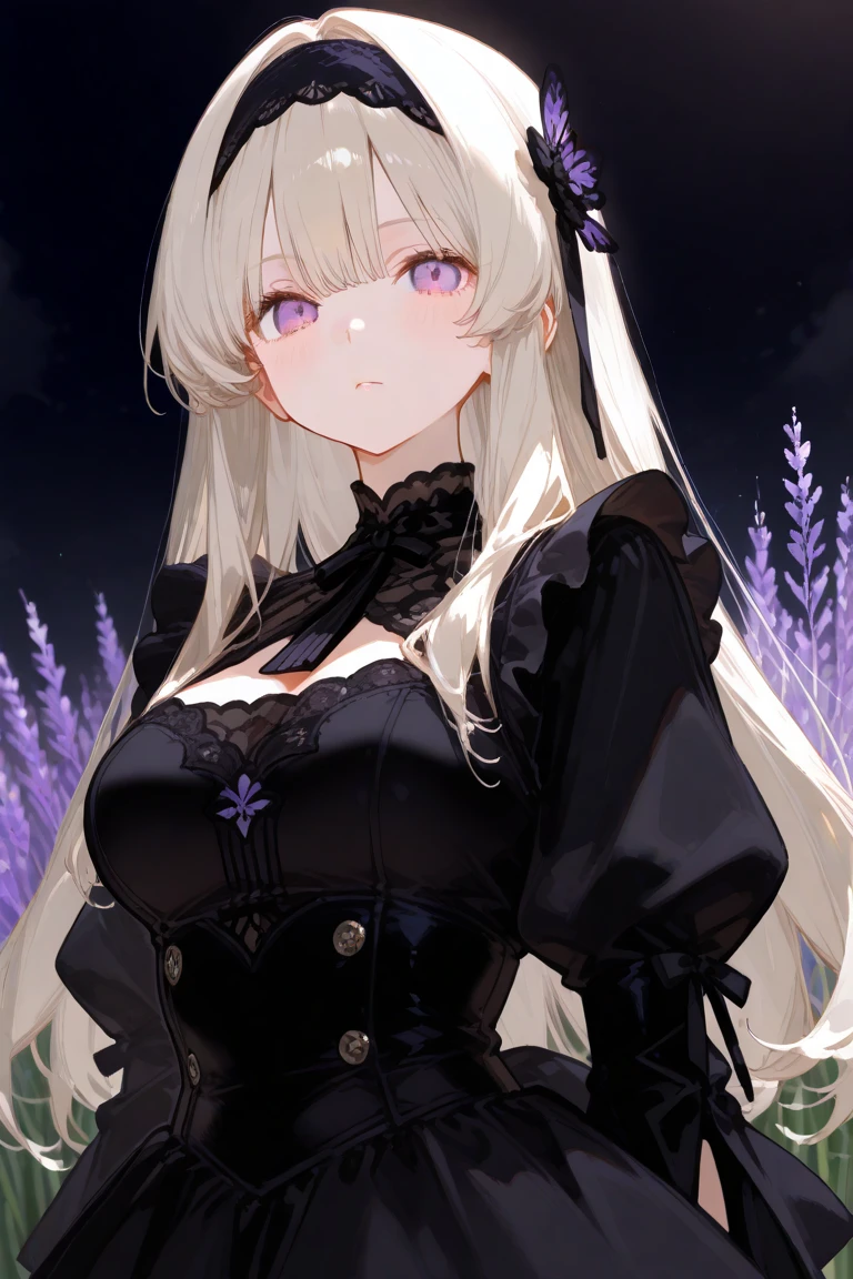 (masterpiece:1.2), (best quality:1.2), perfect eyes, perfect face, perfect lighting, 1 girl, Mature female gothgal standing with hands in front, long hair, complex hairstyle, cosmetic, black lips, thick eyelashes, sad, depressed, wearing gothic clothing, black and white dress, decorate, ribbon, puff sleeves, bare shoulders, lace choker, jewelry, peaceful, quiet, chill, Detailed outdoor background, Beautiful scenery, fantasy, summer, sunny, sunburned, flowers, trees  ,big breasts,