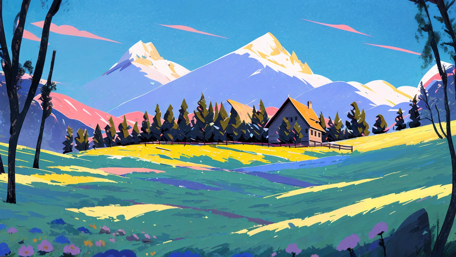 spring,Alps, Log Cabin, sheep, Blue sky, White Cloud, Meadows, Trees, Lots of flowers, Distant Mountains,has a castle in the distance,  An Ning , 牧sheep男孩, rock