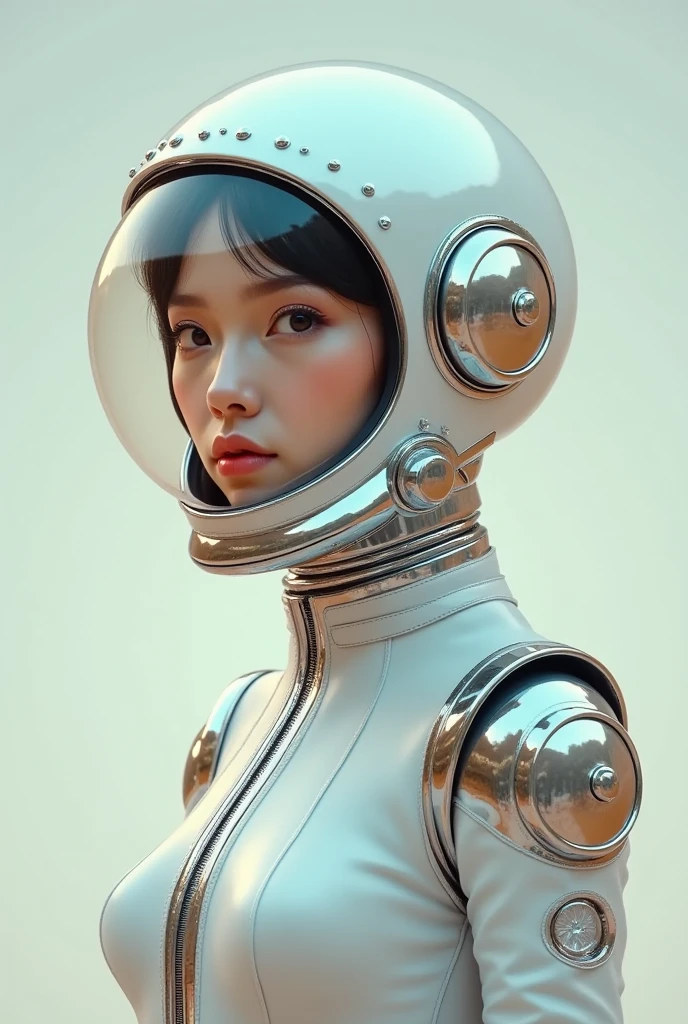 Front portrait of a young woman in highly stylized astronaut costume, with polished metal details and subtle shiny stones. Her face is covered by a mirrored helmet that gently reflects an abstract and elegant landscape. The body is slightly turned to the right, with a calm and firm posture. The background is in a soft pastel tone, the diffused lighting creates a cinematic and realistic mood, without exaggerated effects typical of AI.