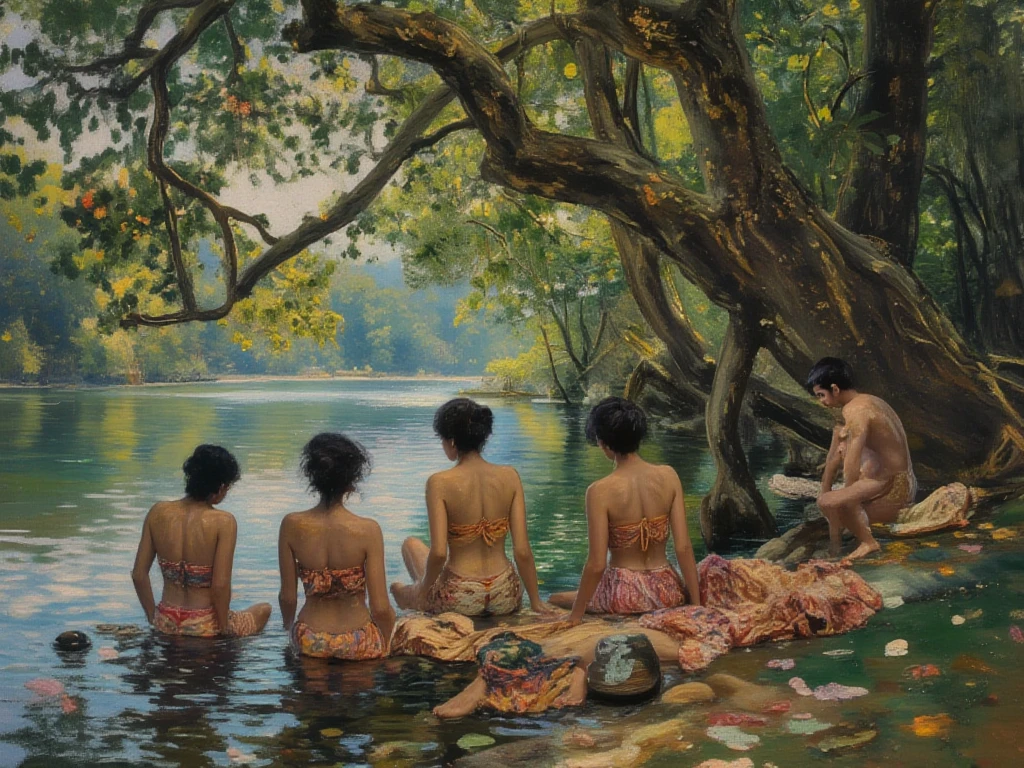 an oil painting on canvas, serene atmosphere, telling an ancient Javanese myth, 7 (seven) voluptuous fairies bathing in a pound, light brown skin,so beauty, sensual, their shawls are placed on the edge of the lake,enormous banyan tree  from a distance