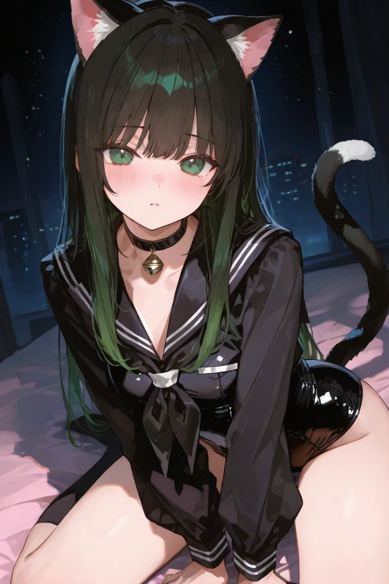Highest quality,High resolution,1People Girl,whole body,fine,smile,looking at the camera,Bedroom,Dazzling lighting,ponytail,Black Hair,Yellow-green eyes,Sailor Leotard,beautiful girl,Cat ear,Cat tail,smile,