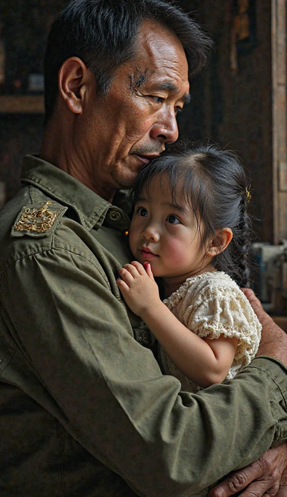The father, about 30 years old, Vietnamese, wearing military uniform, holding his daughter, holding an ivory comb in his hand.