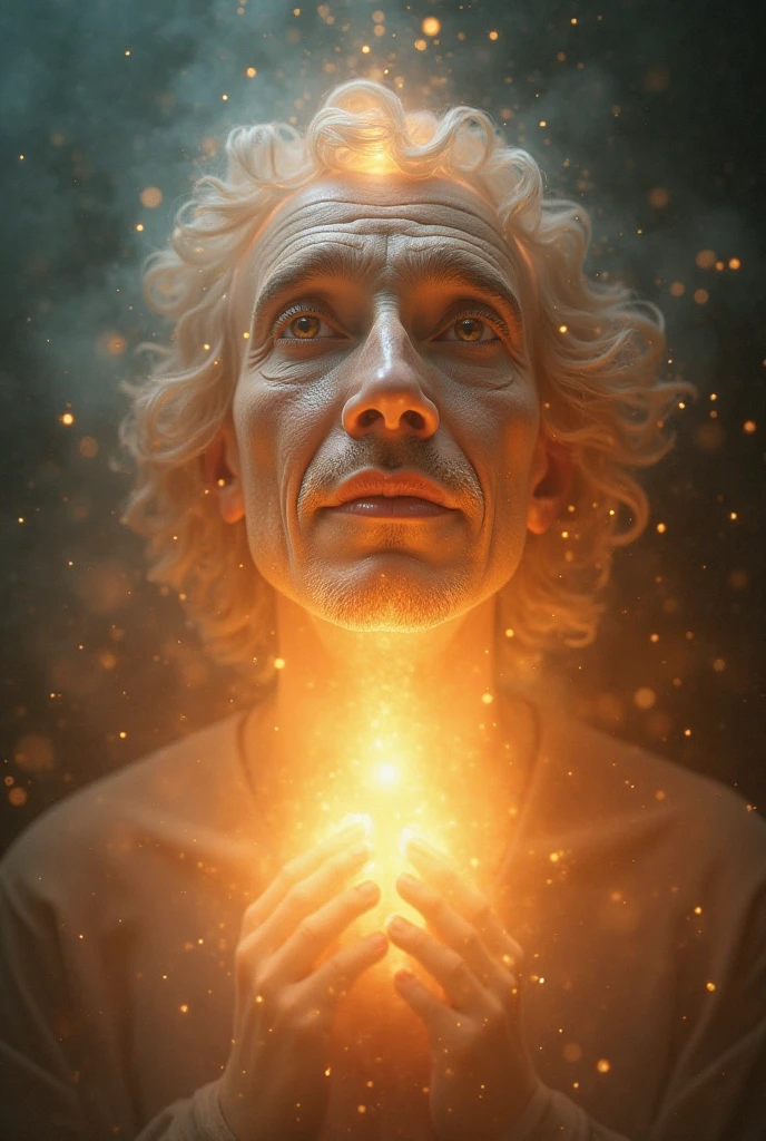 "Ishaan sees a radiant light before him, soft yet bright, gradually taking the form of a spiritual face that represents his family. The face glows with warmth, exuding a sense of strength, love, and peace. The surrounding atmosphere is mystical, bathed in soft light, creating a serene and otherworldly ambiance."
