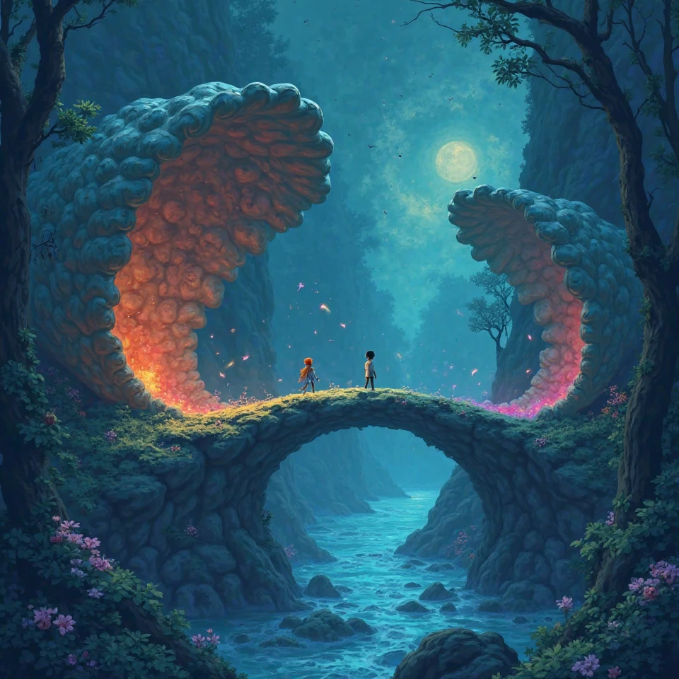 A dreamlike shell bridge in a 2D Ghibli-style platformer, formed by enormous hollow conch shells.  
Wind plays haunting melodies as players pass, embedded with whispering feline voices.  
Glowing shell interiors pulse with fading colors.  
High-resolution, poetic ambiance, rich musicality.  