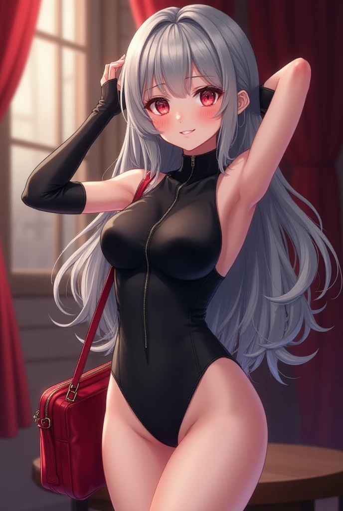 ((2D beautiful girl、top-quality、Perfect Finger 1.5、Perfect Anatomy 1.5、extremely delicate and beautiful illustration))、(Blur the background：1.3、(transform sequence)、((santa leotard))、14years、(beautiful slender girl)、Fractal Art、baby-face、((stright long hair))、Beautiful big drooping eyes：1.1、Small, open-mouthed smile、(Full body depiction：1.1)、（1 persons）、Christmas Party、Cat's ears、leotard、christmas leotard、（tights）、