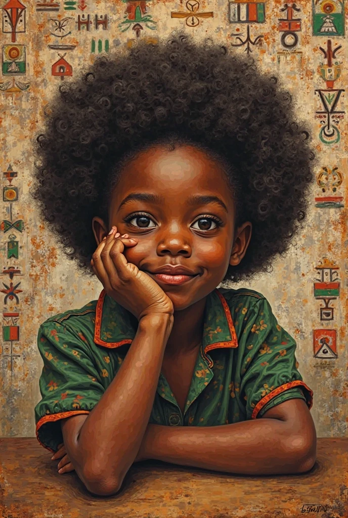 A bold, clear portrait of an African girl, her hand resting on her jaw beside a table. Her eyes reflect dreams of the future, while her background is painted with symbols of the ancient Sabian language, blending heritage and hope.

