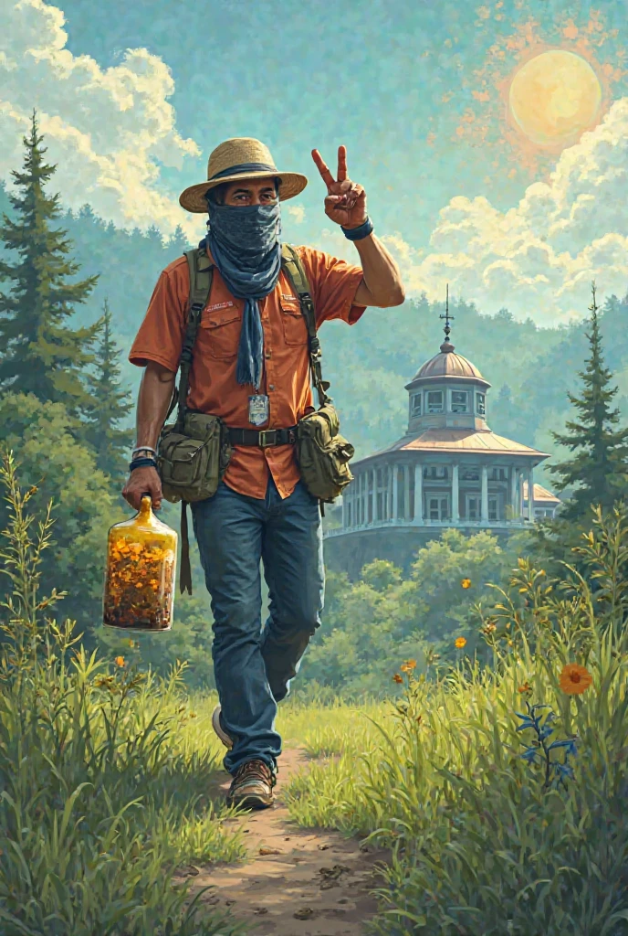 poster of a man carrying a vat of poison is poisoning the grass wearing a headscarf and a two-ringgit shop hat with gloves while making a peace sign against the background of a hill there are bushes and grass.At the end there is a police building in white blue color pdrm logo there is also a partridge and a scorching sun atmosphere...sweepers and pokers are on the ground and lawn machines

