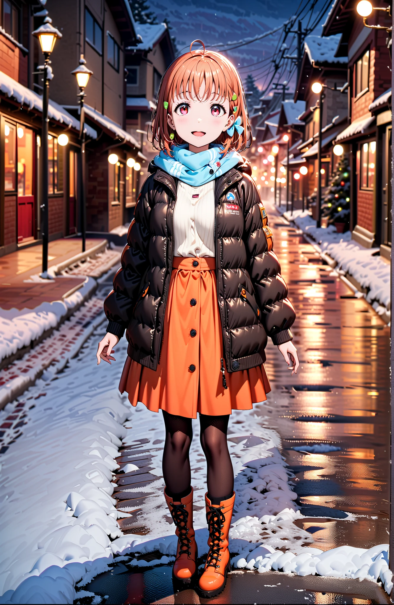 Takami Chika, short hair, Hair Ornament, Red Eyes, stupid hair, smile,blush,open your mouth,half up do,glasses,down jacket with hood,Light blue scarf,turtleneck sweater,orange skirt,boots,snow,winter, Beautiful Streetscapes,evening,is standing,full bodyがイラストに入るように,break outdoors, residential area,
break looking at viewer,full body,
break (masterpiece:1.2),top quality ,Kampala,unity 8k 壁紙,(shape:0.8),( fine, beautiful eyes :1.6),It's a person ,full body写真,CG Details , (perfect hand,Complete Anatomy),