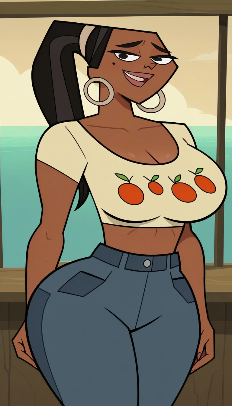 naniwaifu, (masterpiece), best quality, dark skin, smile, breasts, huge breasts, gigantic breasts, , hanging breasts, camisole, see through shirt, sleeveless, aroused, lusty, seductive, poking nipples, standing, blank background, denim cutoffs, facing viewer, exposed midriff, short shorts, exposed thighs,
