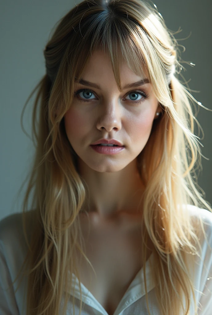 An attractive woman with long, wavy blonde hair and blue eyes with a serious face, hyper realistic absurdity, raw photo, UltraHD 8K, high quality, film grain, soft lighting, (highly detailed image: 1.2)