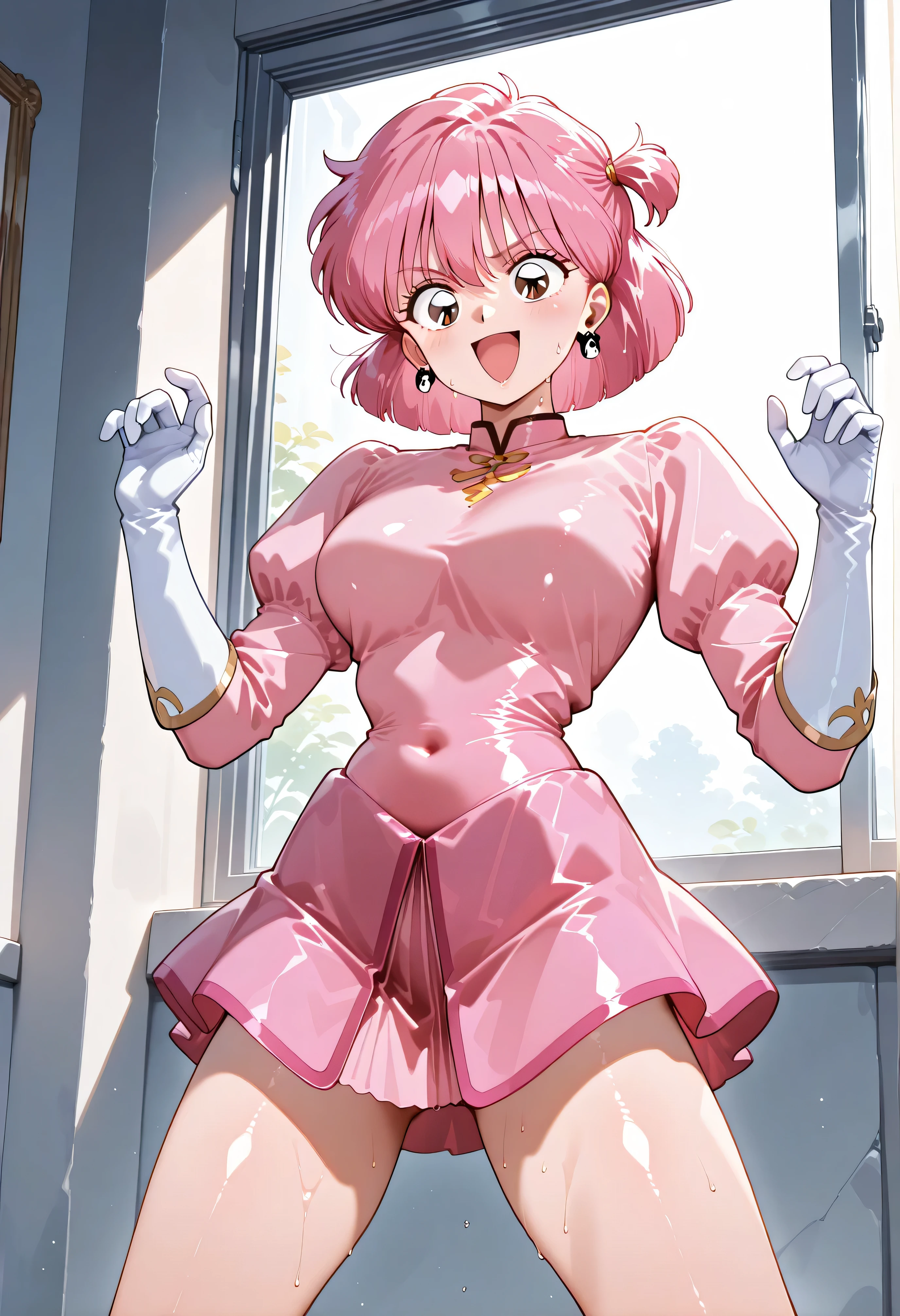 misty, 1 girl, solo, breasts, looking_at_viewer, blush, short_hair, open_mouth, bangs, gloves, bare_shoulders, green_eyes, standing, collarbone, medium_breasts, elbow_gloves, indoors, white_gloves, hand_up, orange_hair, side_ponytail, cosplay, rouge_cosplay, white_gloves, black_rubber_bodysuit, thigh_boots, white_footwear, cleavage, eyelashes, strapless, black_bodysuit, clenched_hand, adapted_costume, hair_tie, light_smile